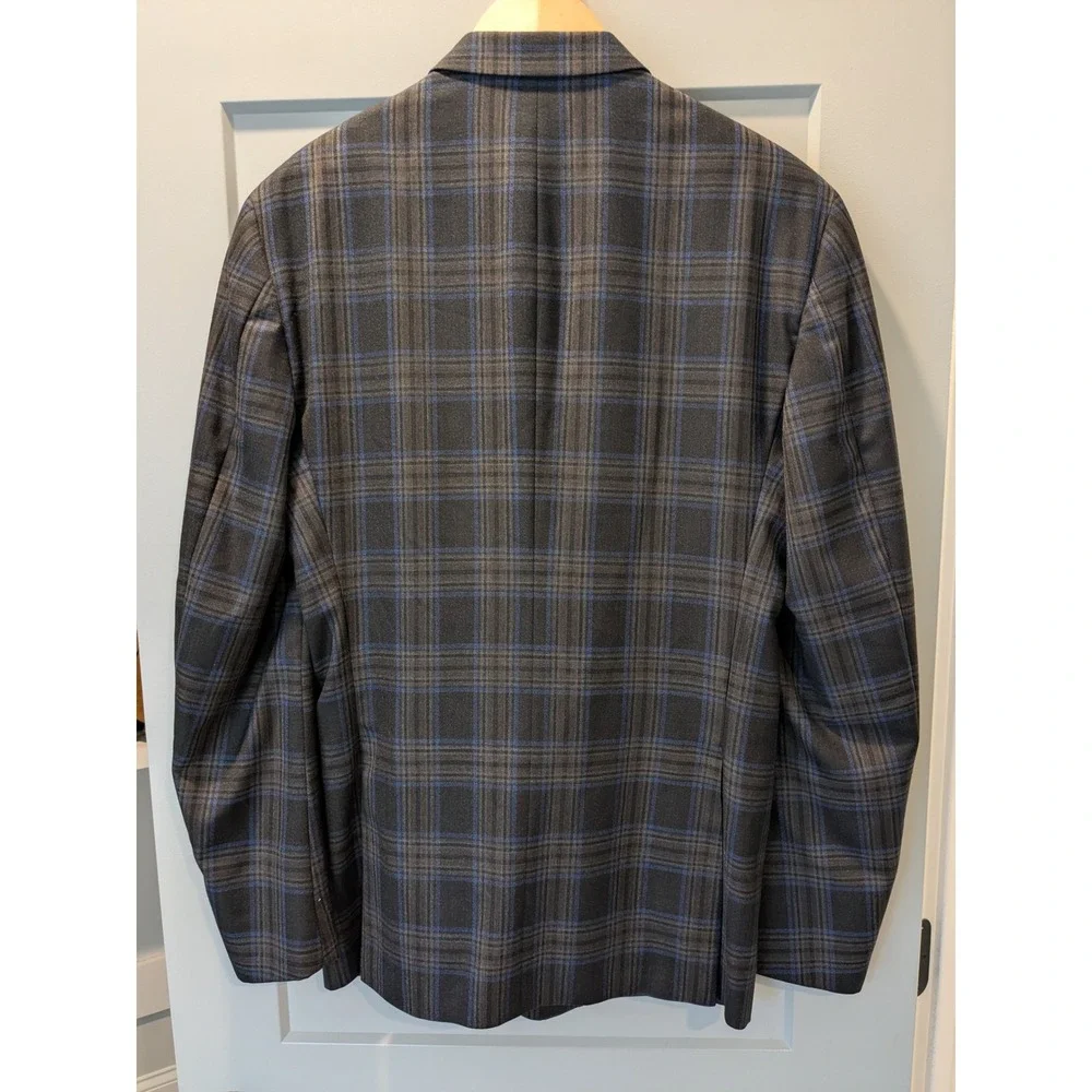 Peter Millar Plaid Sport Coat Blazer Men Charcoal Blue Wool Blend Two Button 44T